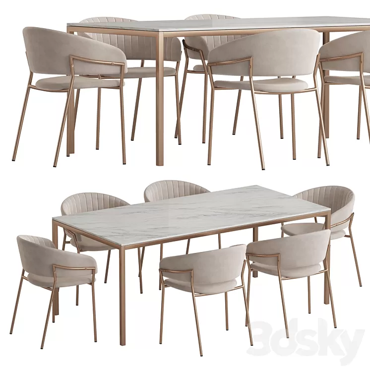 West Elm Frame table Piza chair dining set 3D Model