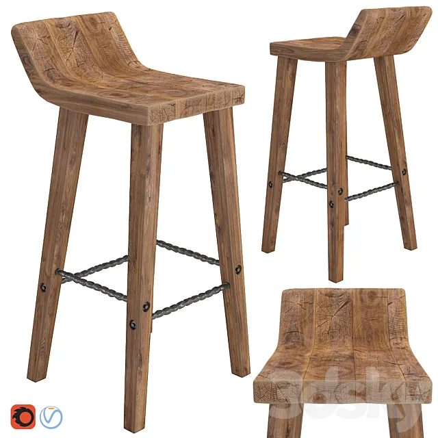 West elm Hewn Wood Bar Stool 3D Model