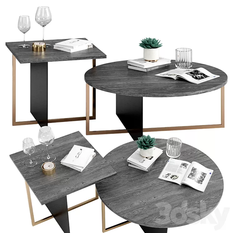 West Elm Korsa Oak + Copper Coffee & Side Table 3D Model