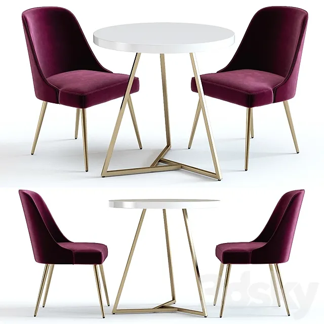 West Elm Lacquer Top Table and Mid-Century Chairs 3D Model