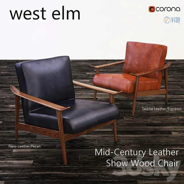 West elm Mid-Century Leather Show Wood Chair 3D Model