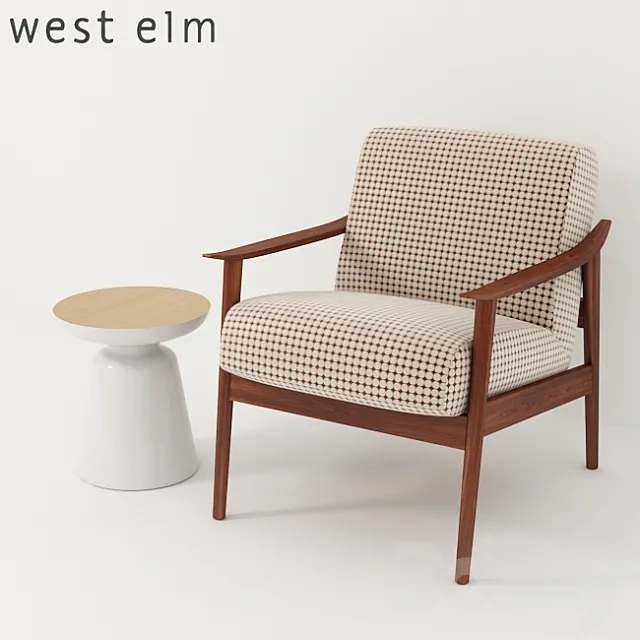 West Elm. Mid-Century Show Wood Upholstered Chair + Martini Two Tone Side Table 3DModel