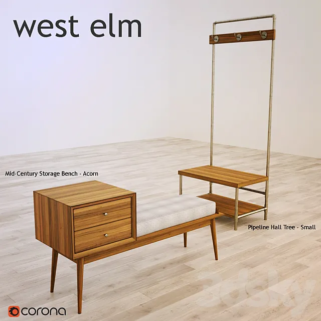west elm Mid-Century Storage Bench Pipeline Hall Tree 3D Model