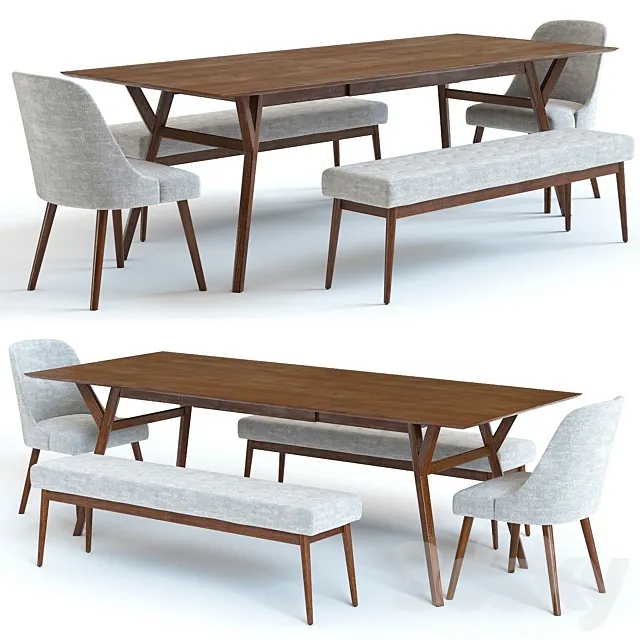 West Elm Mid Century Table and Chairs 3D Model