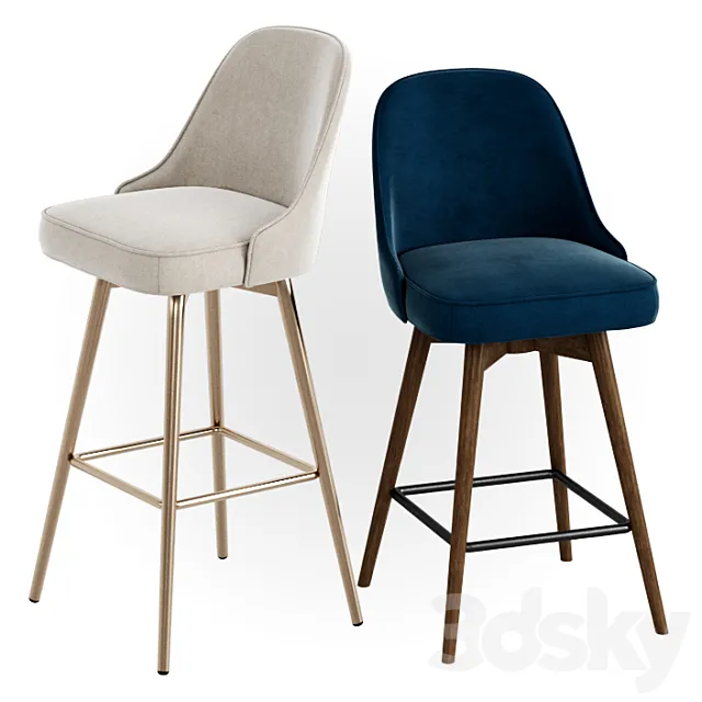WEST ELM Mid-Century Velvet Swivel Bar + Counter Stools 3D Model