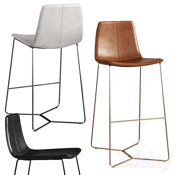 West Elm Slope Leather Bar + Counter Stools 3D Model