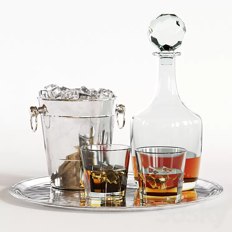 Whiskey Decanter Glass Tray Set 3D Model