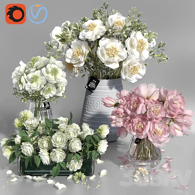 White and Pink tone Peonies cement concrete glass Vases 3DModel