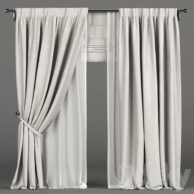 White curtains in the background with tulle and a Roman curtain. 3DModel