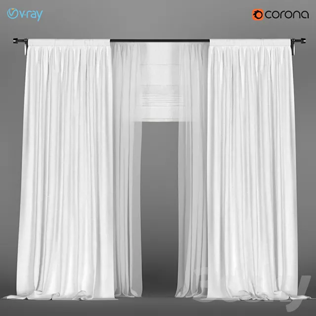 White curtains of linen with tulle + Roman blinds. 3D Model