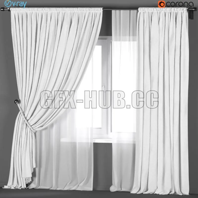 White curtains with a garter on a rope with white tulle 3D Model