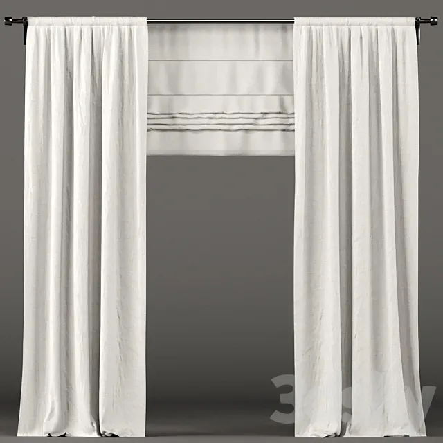White curtains with roman blinds. 3D Model
