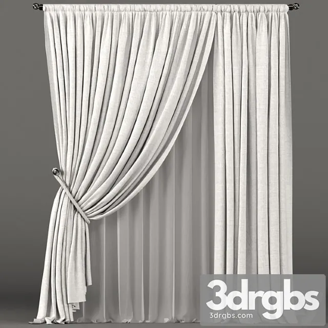White curtains with rope grip and white tulle. 3D Model Free