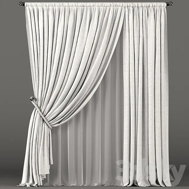 White curtains with rope grip and white tulle. 3D Model