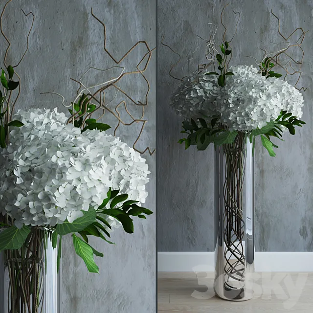 White hydrandeas in tall vase with willow branches 3DModel