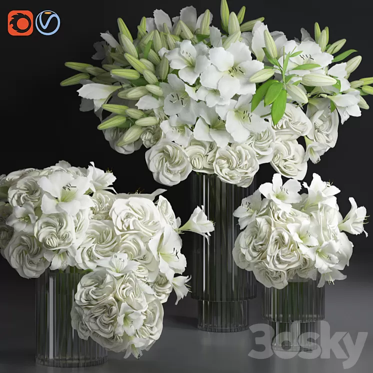 White Lily Tuberose Peony Camelia Bouquet Decorative Glass Vases Set 3D Model Free