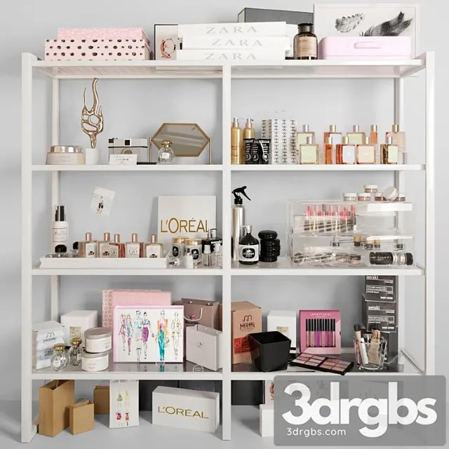 White rack with cosmetics in a beauty salon. make up 3D Model Free
