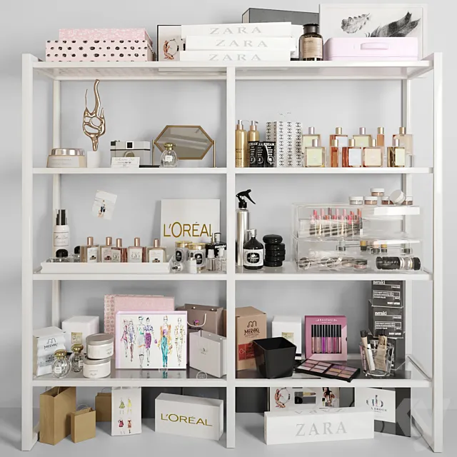 White rack with cosmetics in a beauty salon. Make up 3DModel