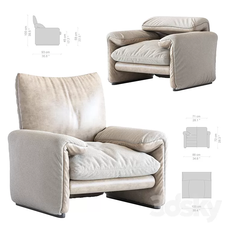 White Sheepskin Maralunga Armchair by Vico Magistretti for Cassina Italy 3D Model