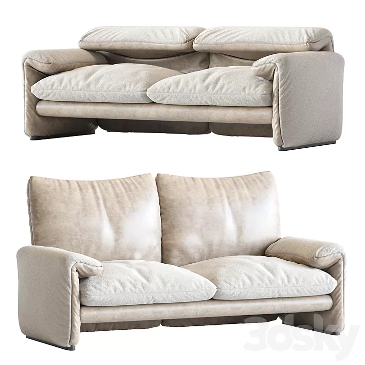 White Sheepskin Maralunga Sofa by Vico Magistretti for Cassina Italy 3D Model