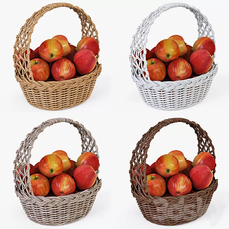 Wicker basket with apples 04 3D Model
