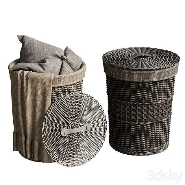 Wicker basket with pillow and blanket 3D Model