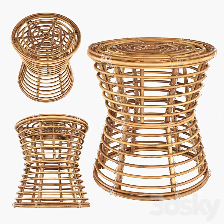 Wicker coffe table / Rattan stool 3D Model