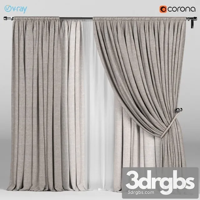 Wide brown curtains with a garter on a rope + white tulle. 3D Model Free
