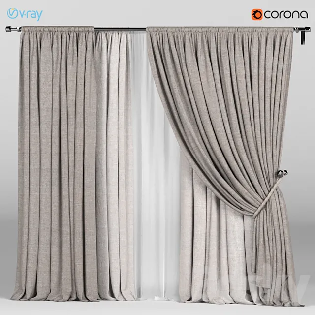 Wide brown curtains with a garter on a rope + white tulle. 3D Model