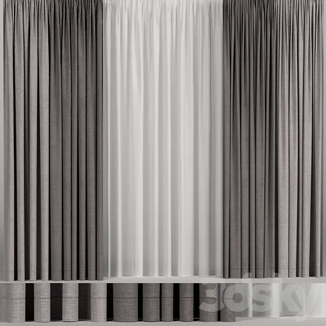 Wide brown curtains with tulle. 3D Model