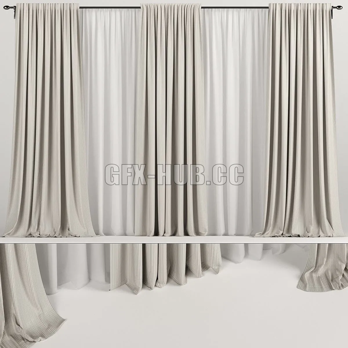 Wide brown curtains with tulle 3D Model