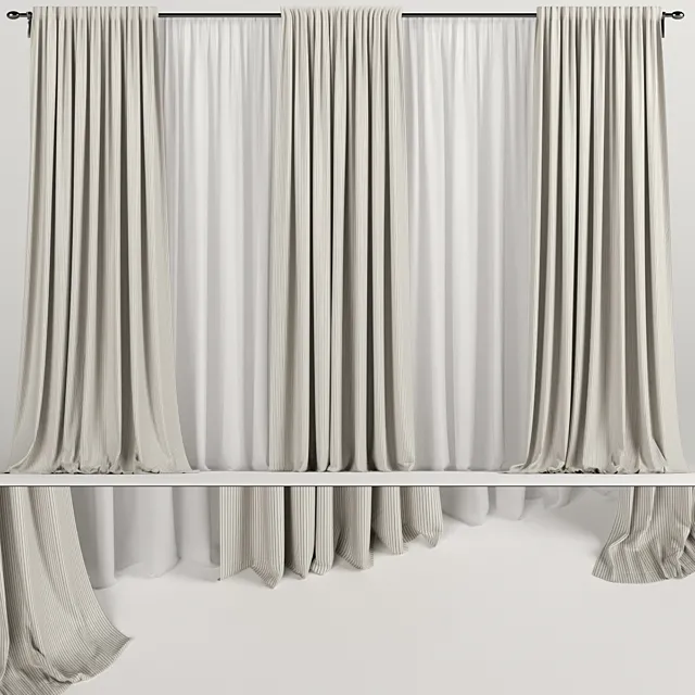 Wide brown curtains with tulle. 3D Model