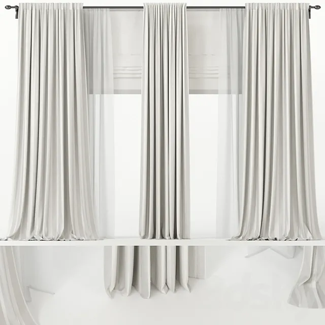 Wide  curtains with Roman and tulle. 3D Model