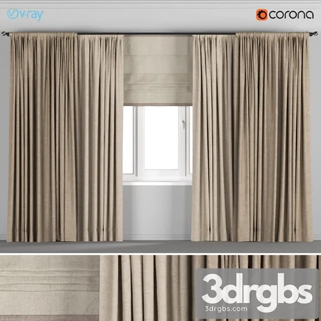 Wide light brown curtains + roman blinds. 3D Model Free