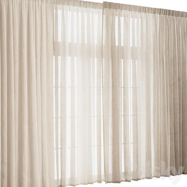 Wide Linen Tulle Curtain 3D Model