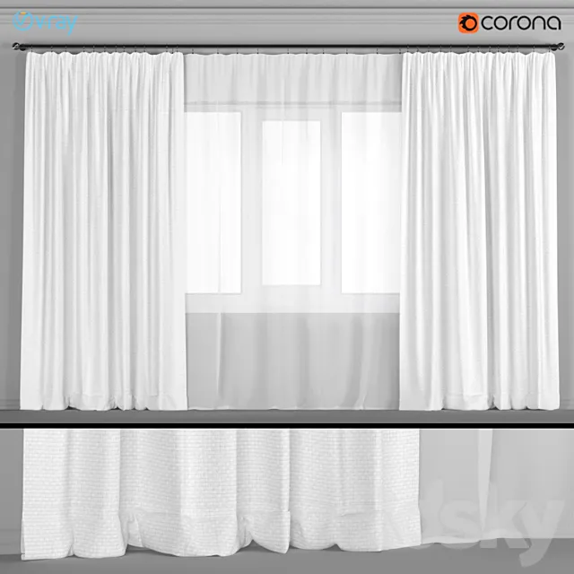 Wide white curtains with tulle. 3DModel