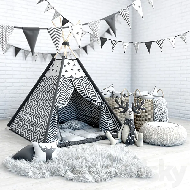 Wigwam with a mattress. pillows. fur skins. baskets. flags and deer 3DModel