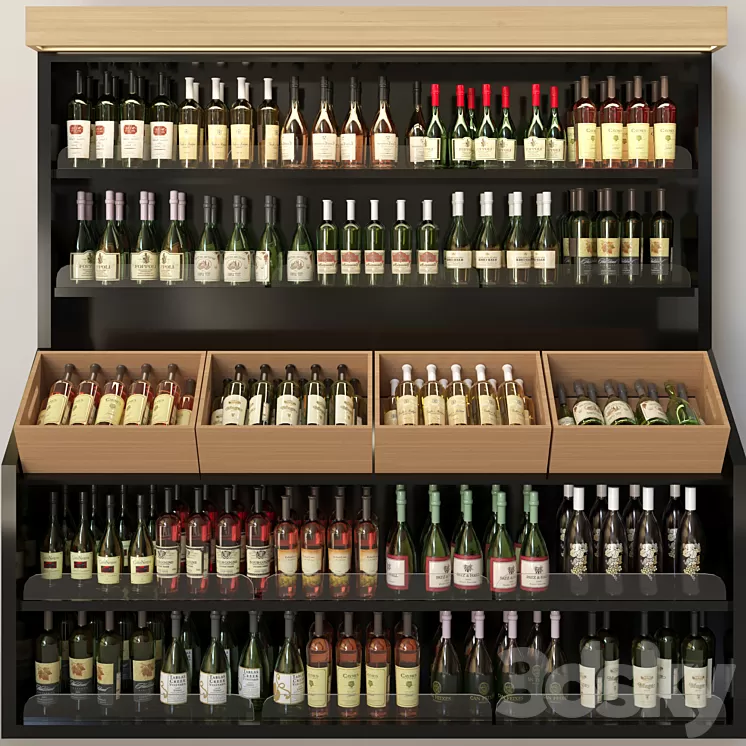 Wine cabinet with collectible wine in the supermarket. Wine and alcohol 3D Model