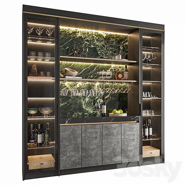 Wine Cabinet With Glasses & Decoration 004 3D Model