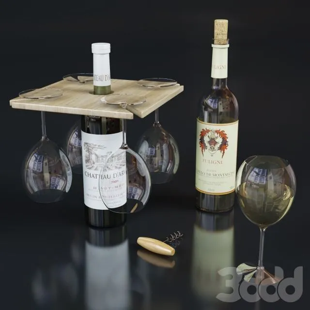 Wine glasses and a corkscrew 3D Model