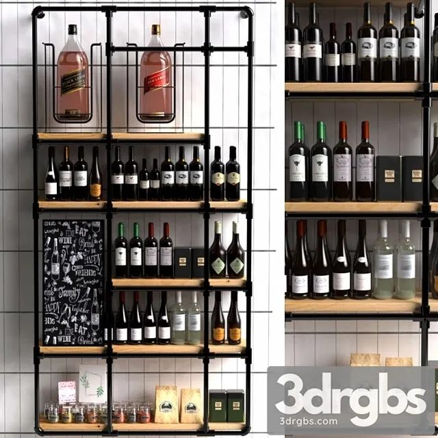 Wine shelf in a loft-style supermarket with a collection of red wine. wine 3D Model Free