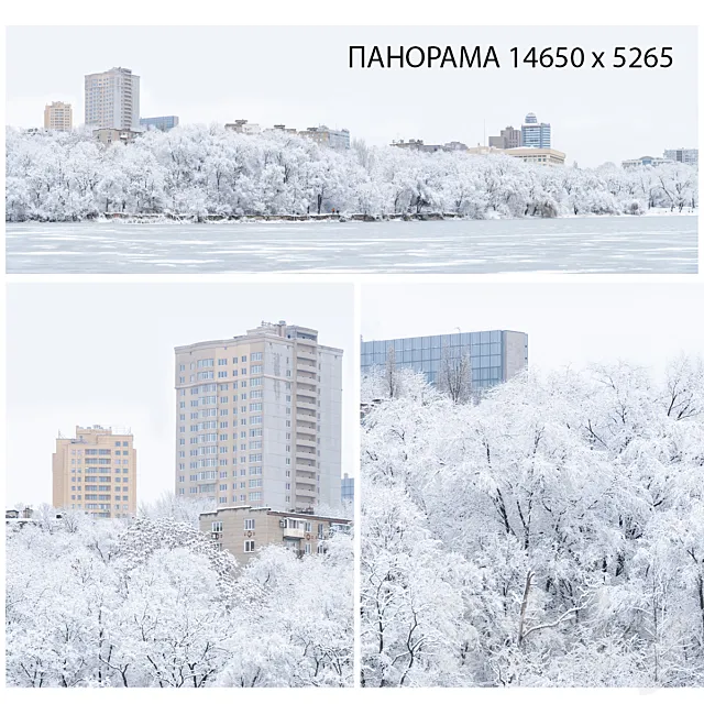 Winter panorama. Lake view. 3D Model