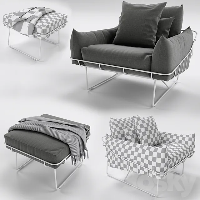 Wireframe Armchair and Ottoman 3D Model