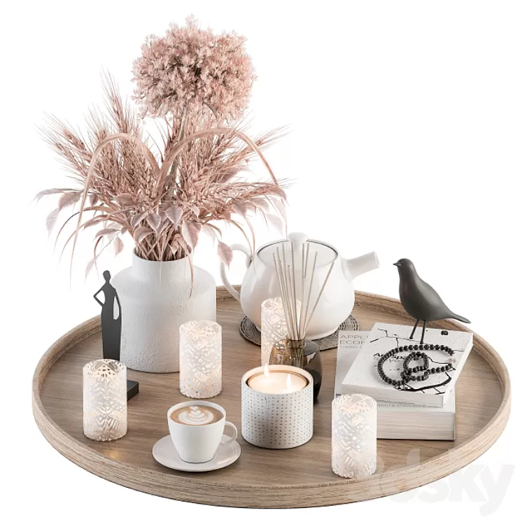 Wood and Pink Decorative Set with Wheat - Set 94 3D Model Free