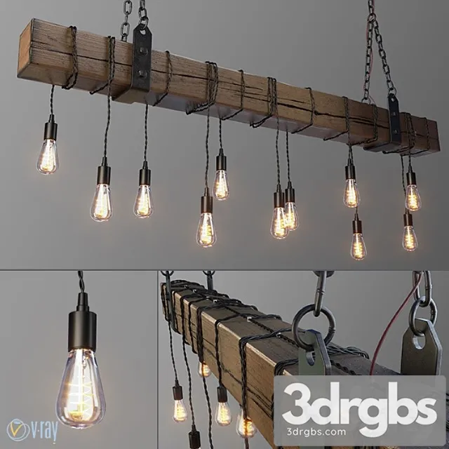 Wood beam chandelier with vintage style edison bulbs 3D Model Free