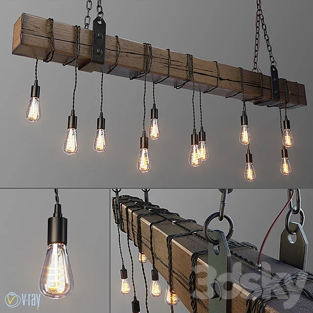 Wood Beam Chandelier With Vintage Style Edison Bulbs 3D Model