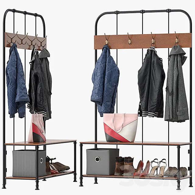 Wood metal hall tree 3D Model