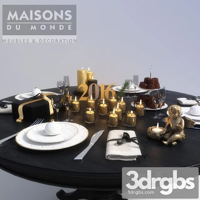 Wood Table Whith New Year Gold Decor 3D Model Free