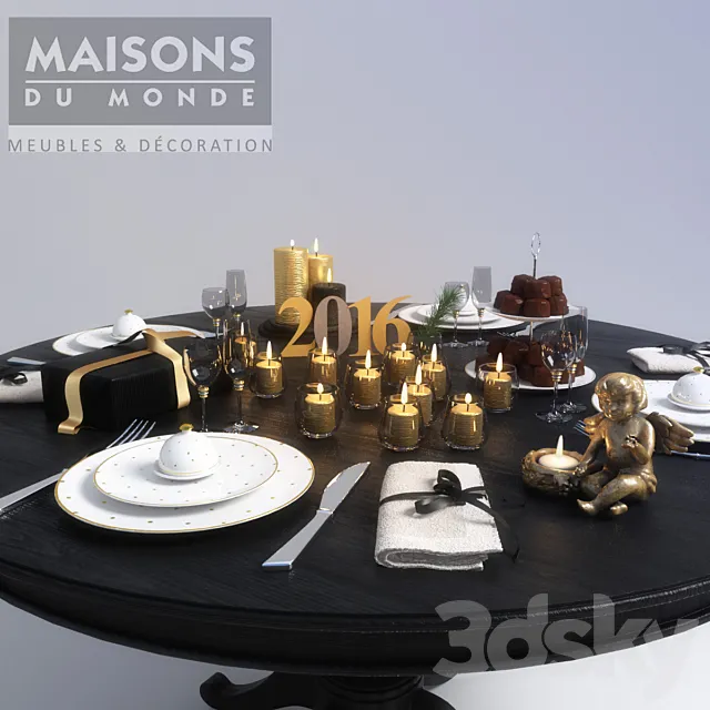 Wood table whith new year gold decor 3DModel
