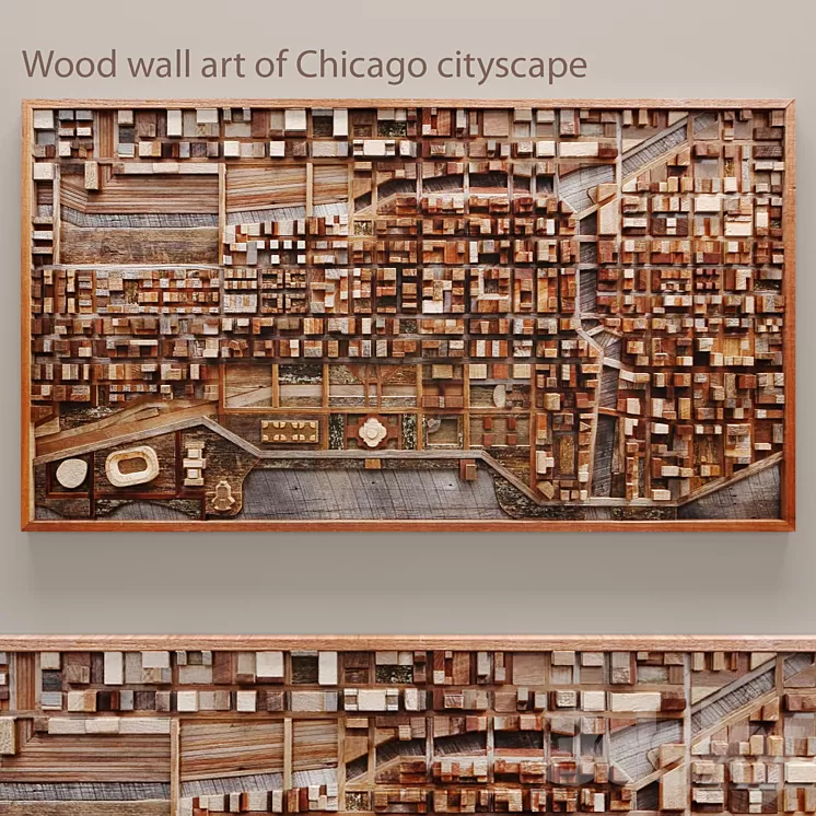 Wood wall art of Chicago cityscape wall decor plank panels wooden decor boards wooden wall panel slats city picture frame panel 3D Model